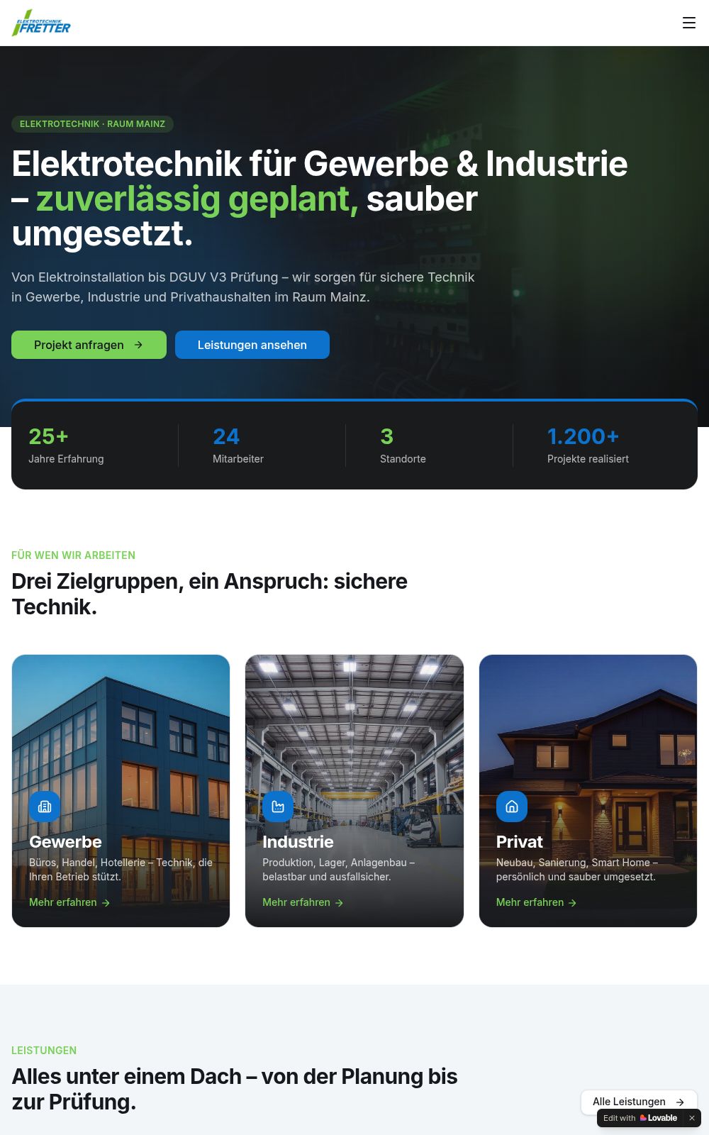 Webdesign-Referenz – Elektrotechnik Fretter , Corporate Website